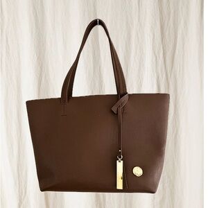 Vince Camuto Classic Brown Leather Tote Bag with Gold Accent